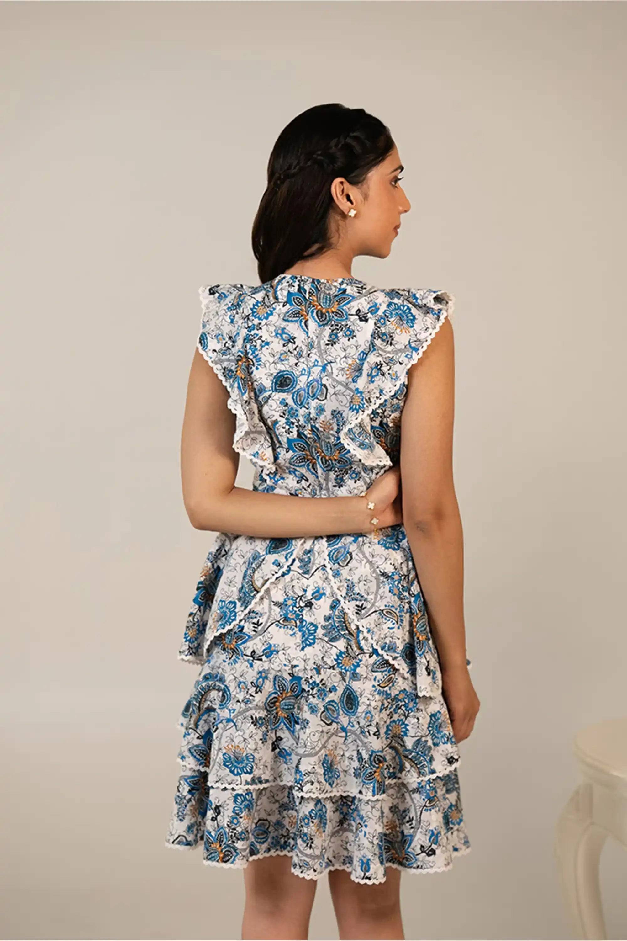 Blue Floral Cotton Tiered Ruffle Sleeveless Mini Dress
