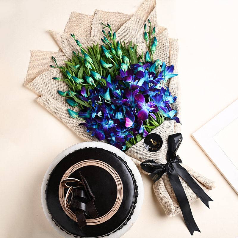 Blue Orchids Bouquet N Choco Cake