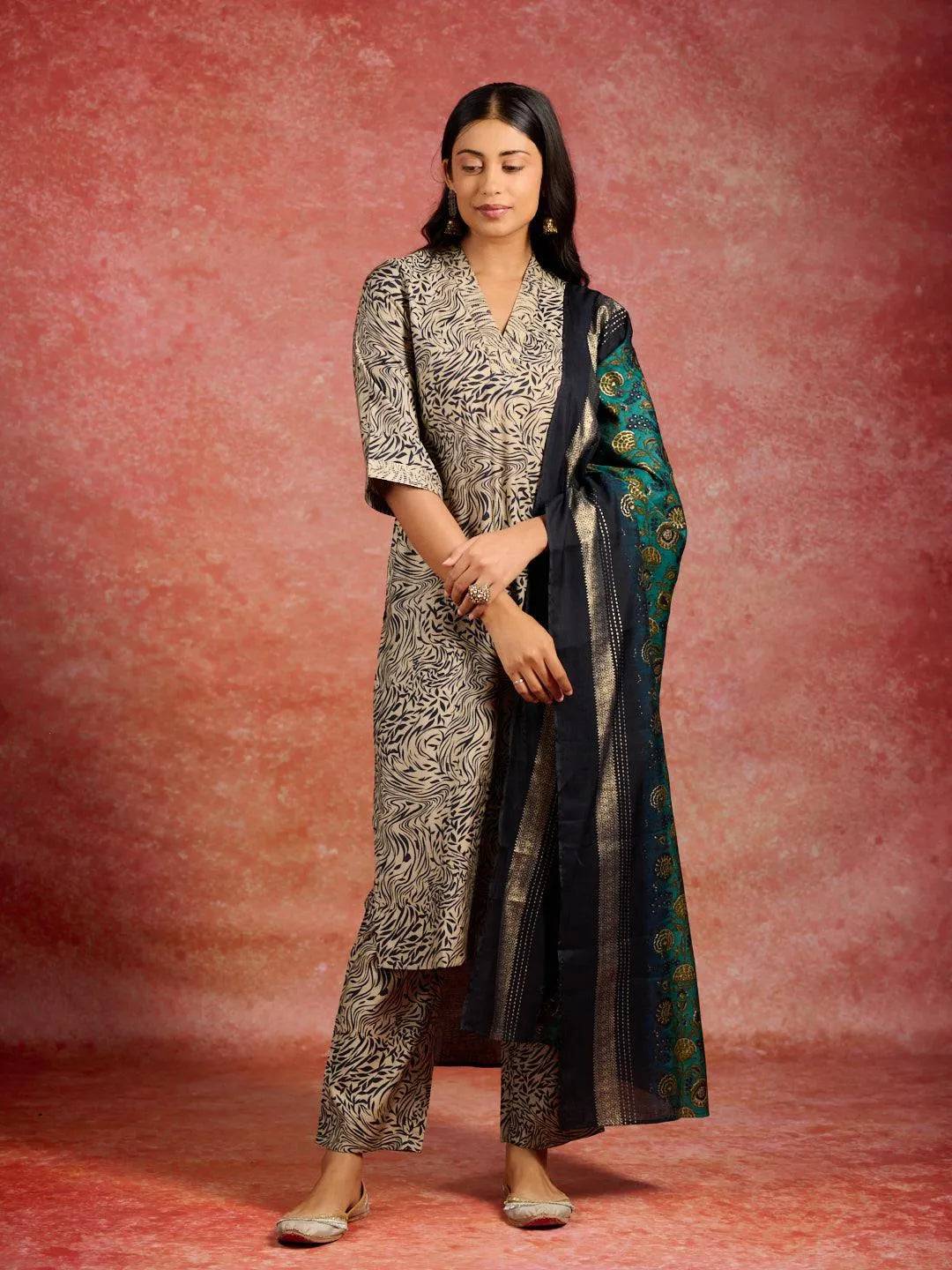 Blue Printed Silk Blend Straight Suit W... Buy only at ₹4499