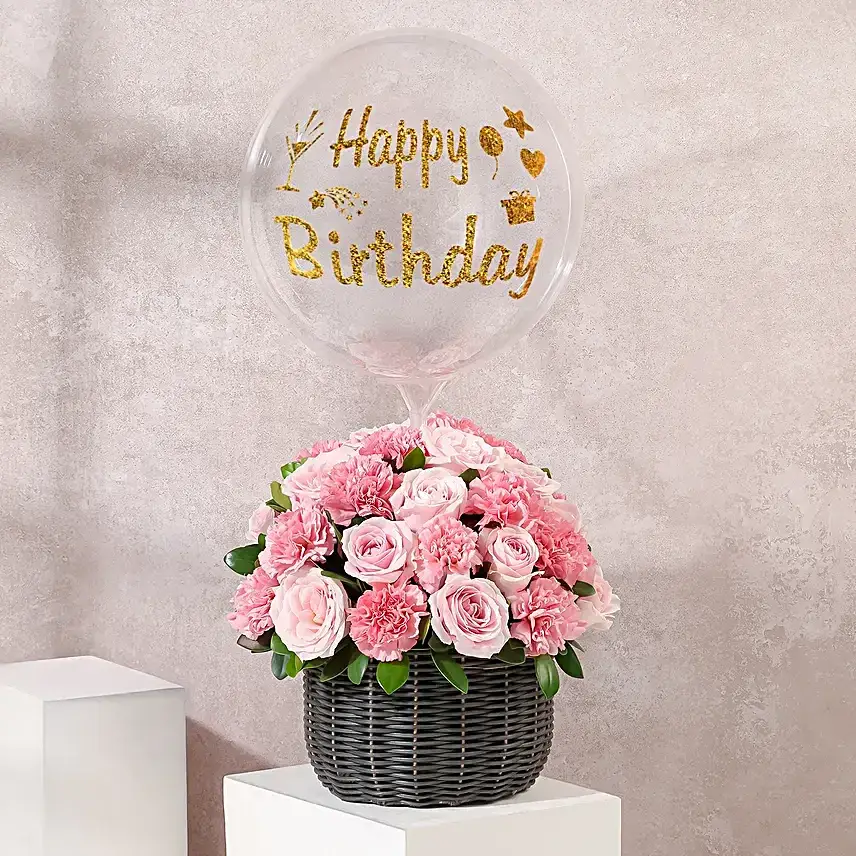 Blush Birthday Basket with Roses n Balloon
