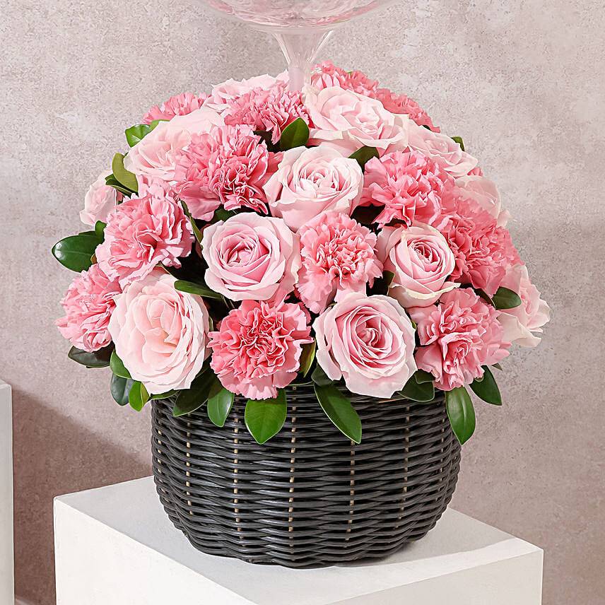Blush Birthday Basket with Roses n Balloon