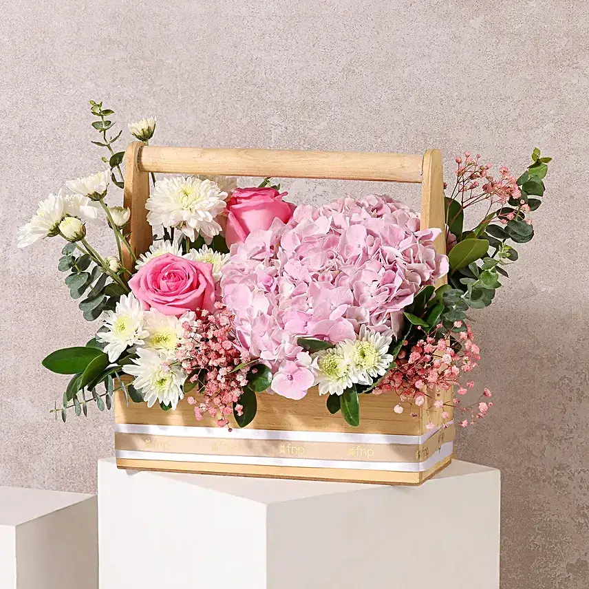 Blush N Ivory Blooms in Wooden Base