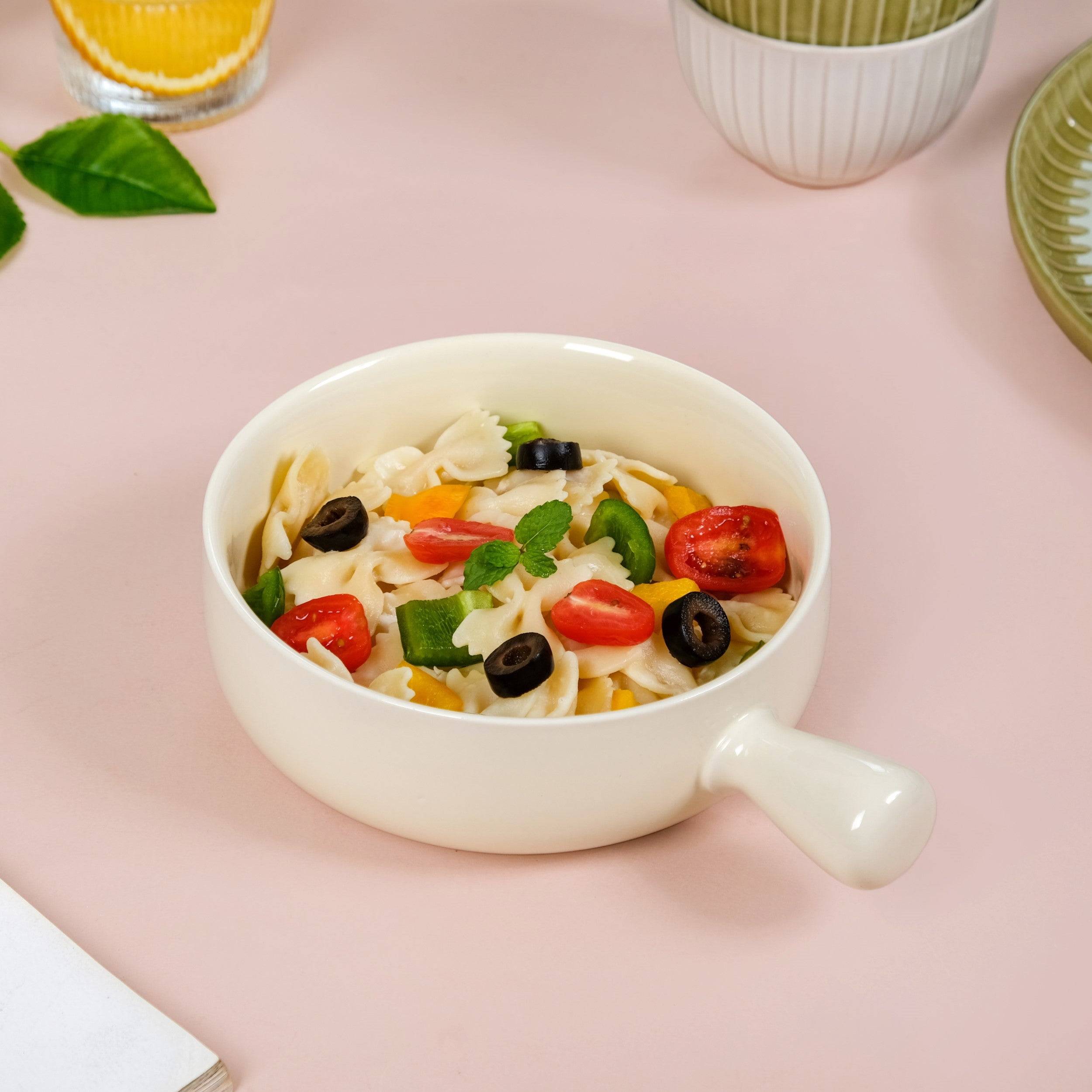 Pastel Cream Ceramic Bowl With Handle 700ml buy only at ₹525