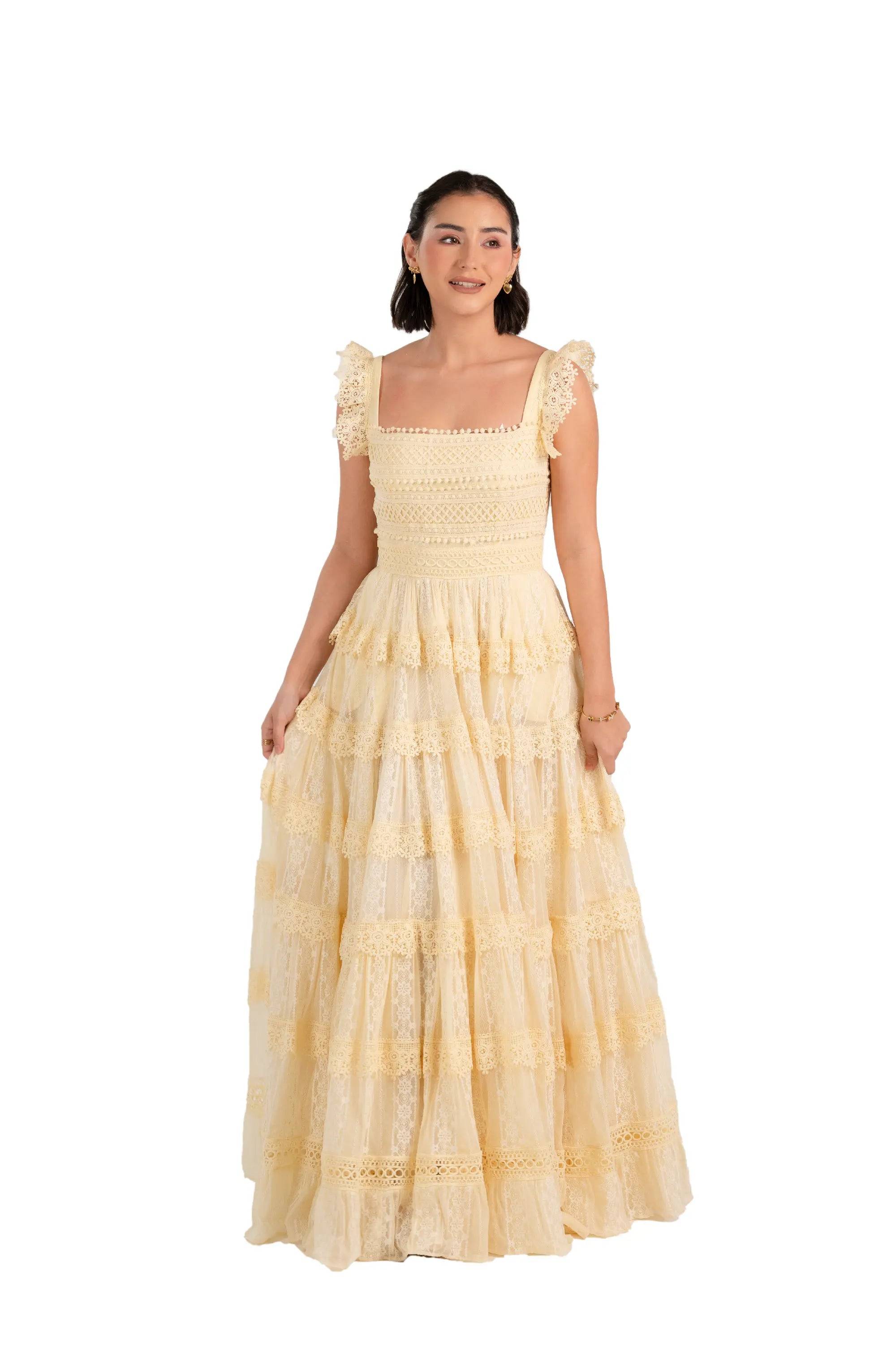 Buttercream Yellow Lace Tiered Maxi Dress