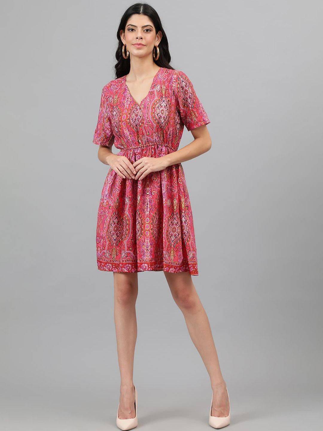 Kotty Orange And Pink Ethnic Printed V-Neck Blouson Dress