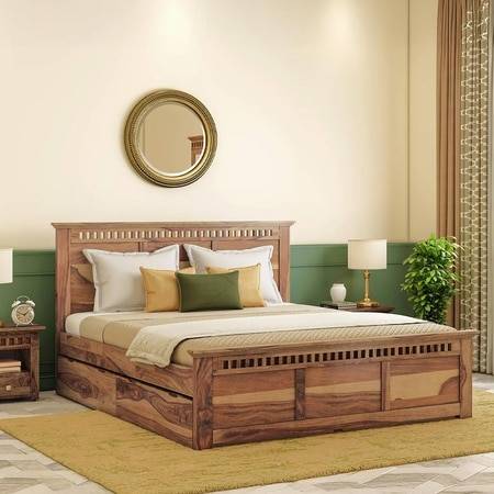 Fidora Solid Wood King Size Drawer Storage Bed In Teak Finish