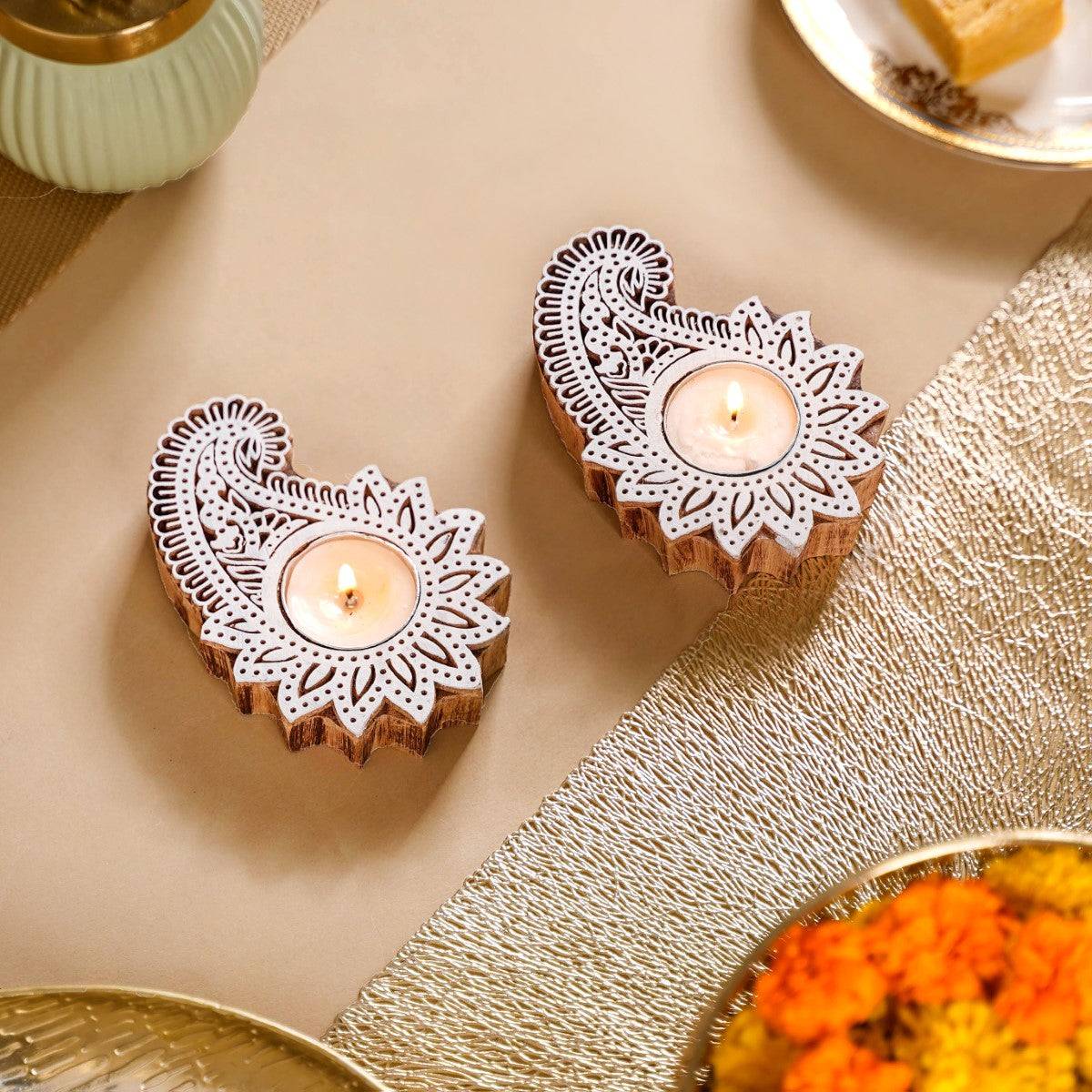 Floral Paisley Decorative Wooden Block Candle Holder Set Of 2