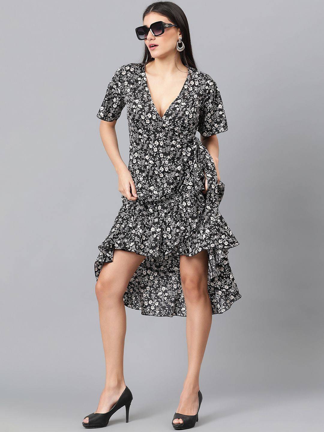Kotty Floral Printed V-Neck Flared Sleeve High-Low Crepe Wrap Dress