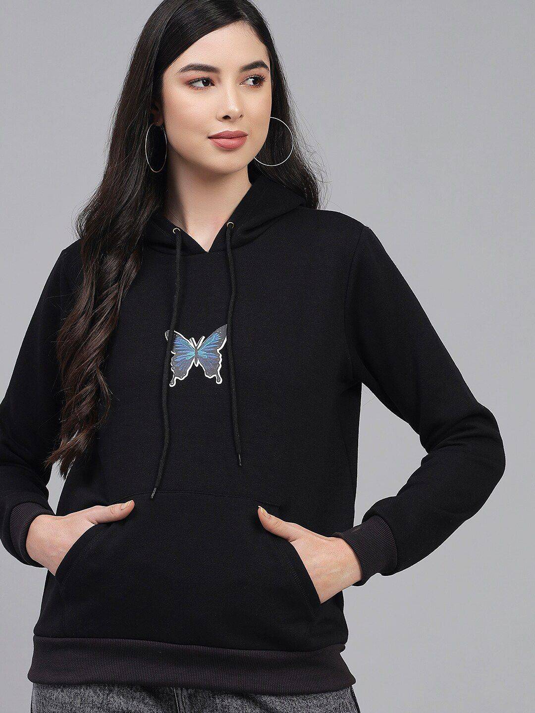 Kotty Women Black Printed Fleece Hooded Sweatshirt
