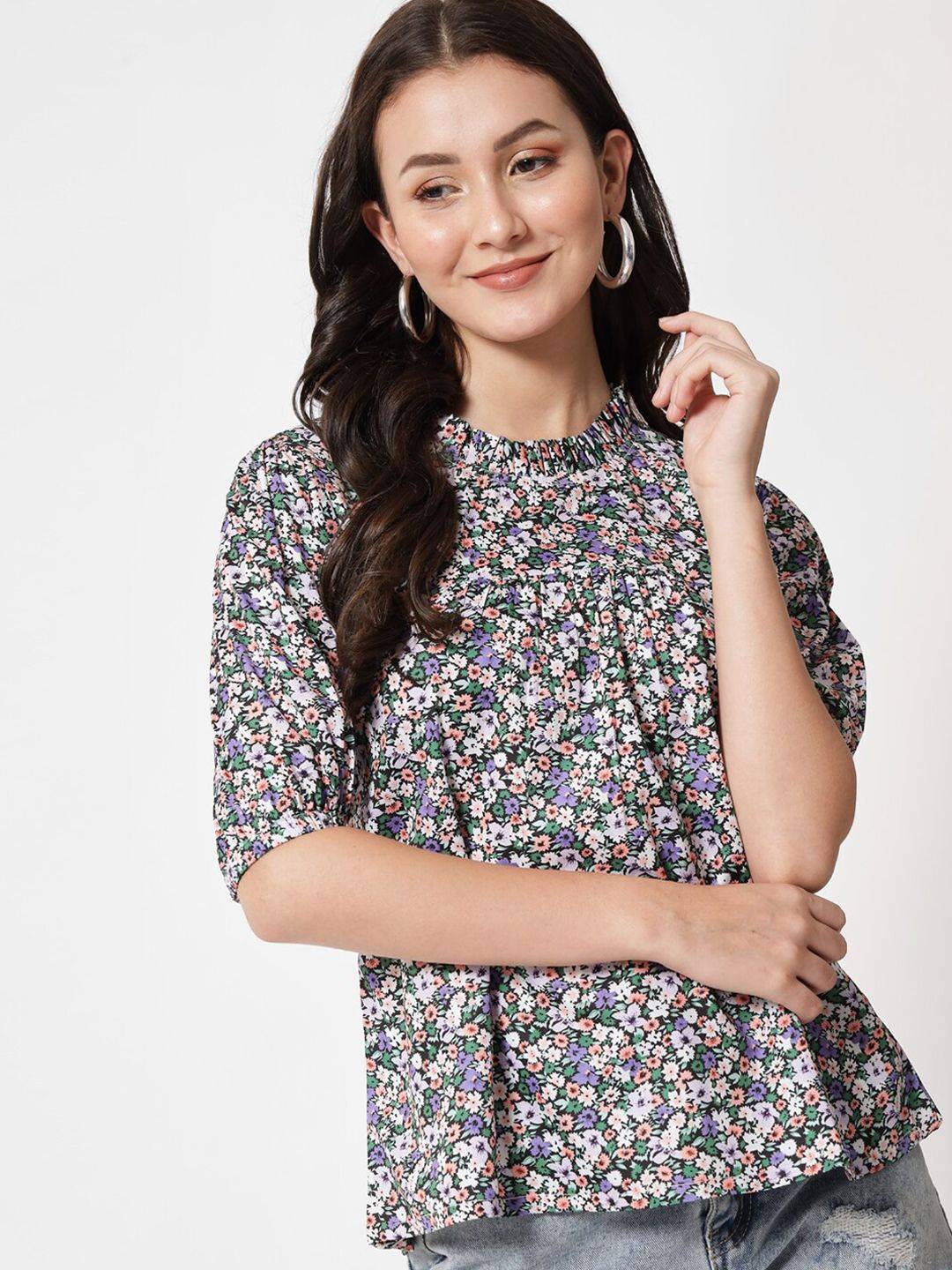 Kotty Women Grey Floral Print Crepe Top