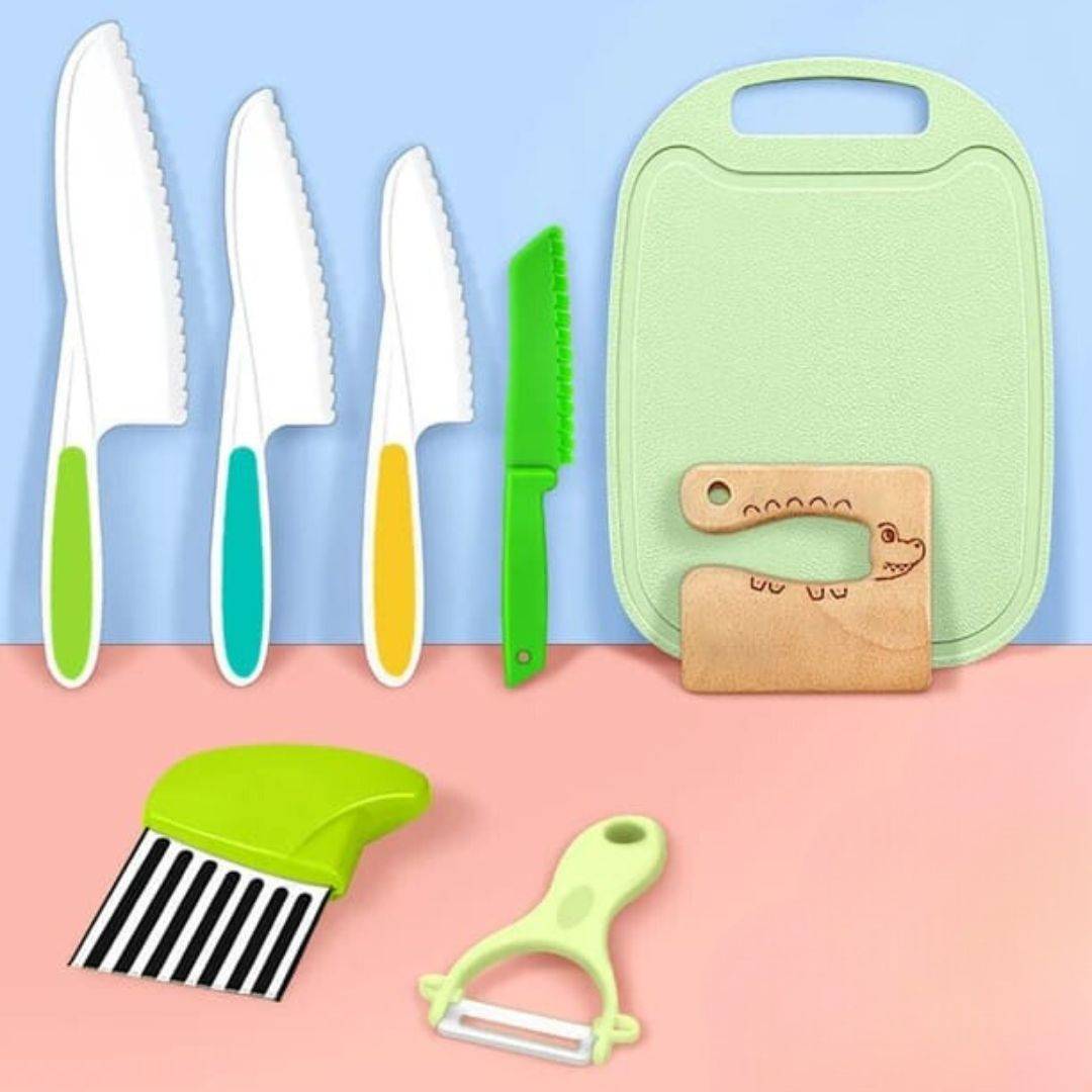 Plastic Knife Set with Toddler Knife, Peeler, Cookie Cutter, and Cutting Board (Random Color) Buy @ ₹749