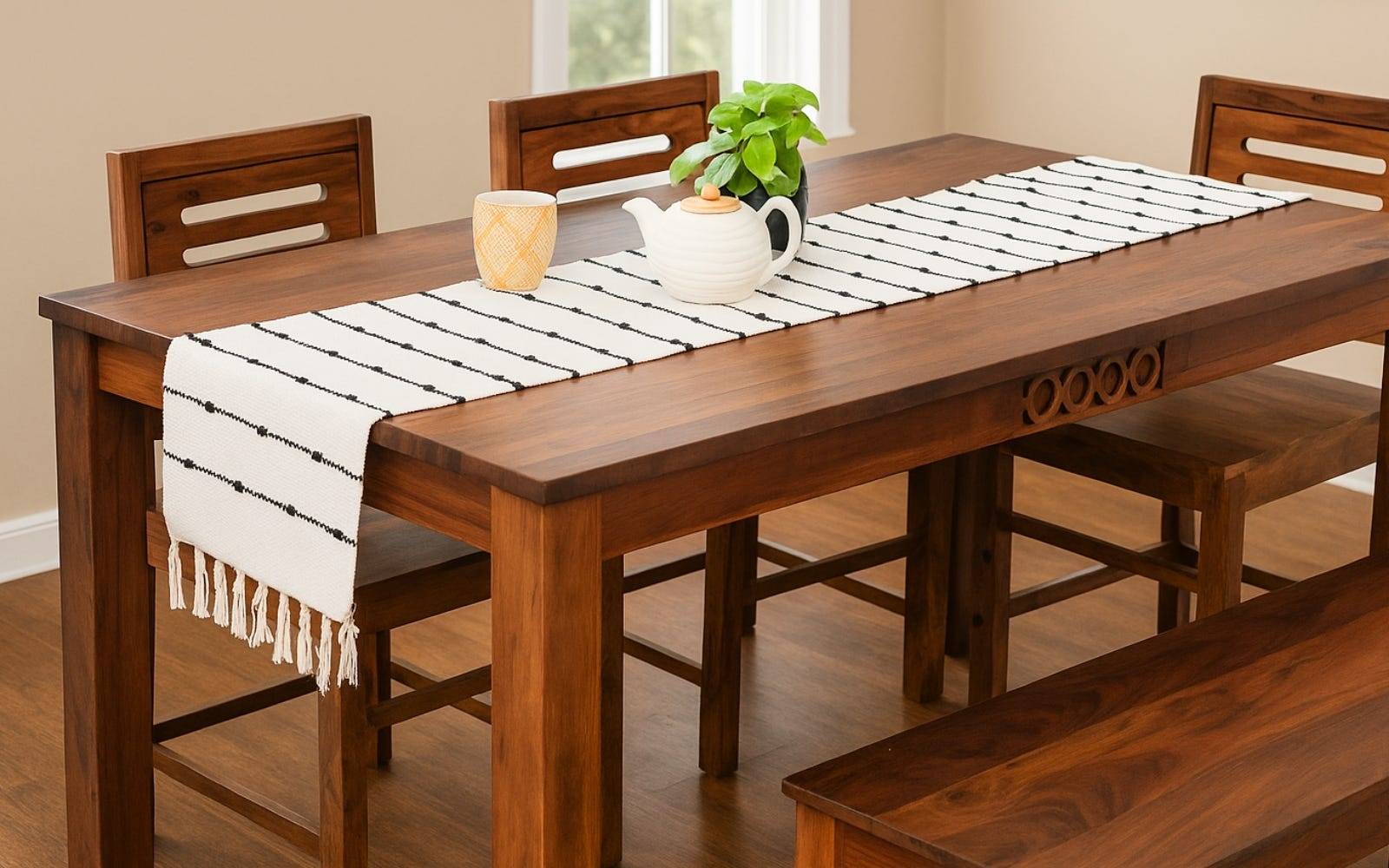 Royaloak Maze Handwoven Cotton Table Runner - Ivory