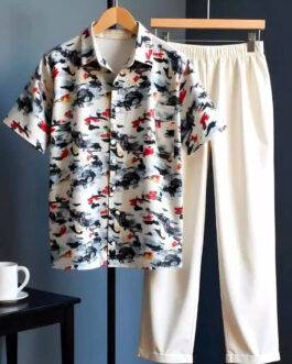 Classy Floral Mens Full Set Trouser And Shirt Half Sleeves