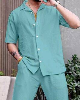 Apple Green Color Mens Full Set Trouser And Shirt Half Sleeves