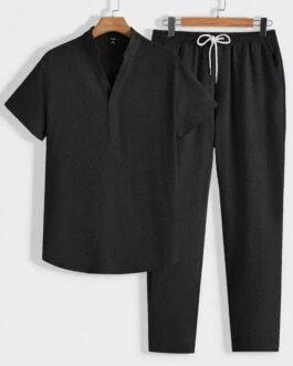 Solid Black Color Mens Full Set Trouser And Shirt Half Sleeves