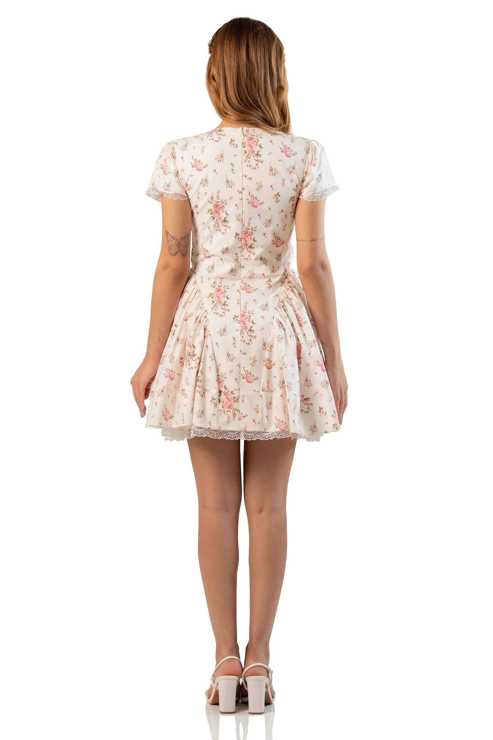 Ivory Floral Tie-Neck Cap Sleeve Mini Dress