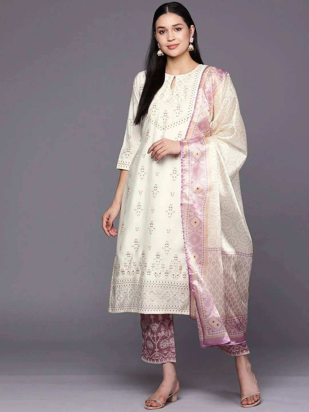 Cream Printed Chanderi Silk Straight Ku... Buy only at ₹5499