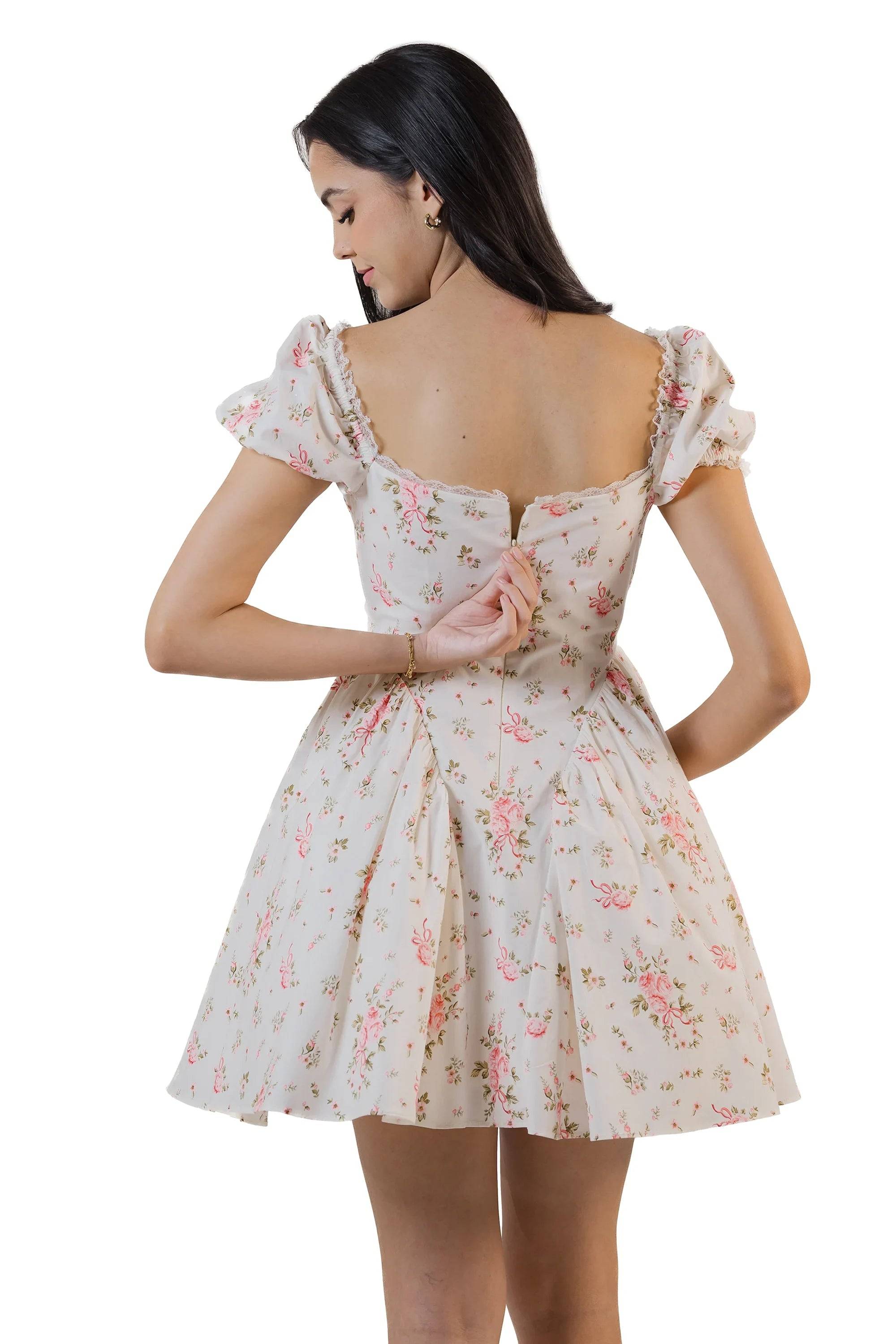 Ivory Puff Sleeve Floral Mini Dress