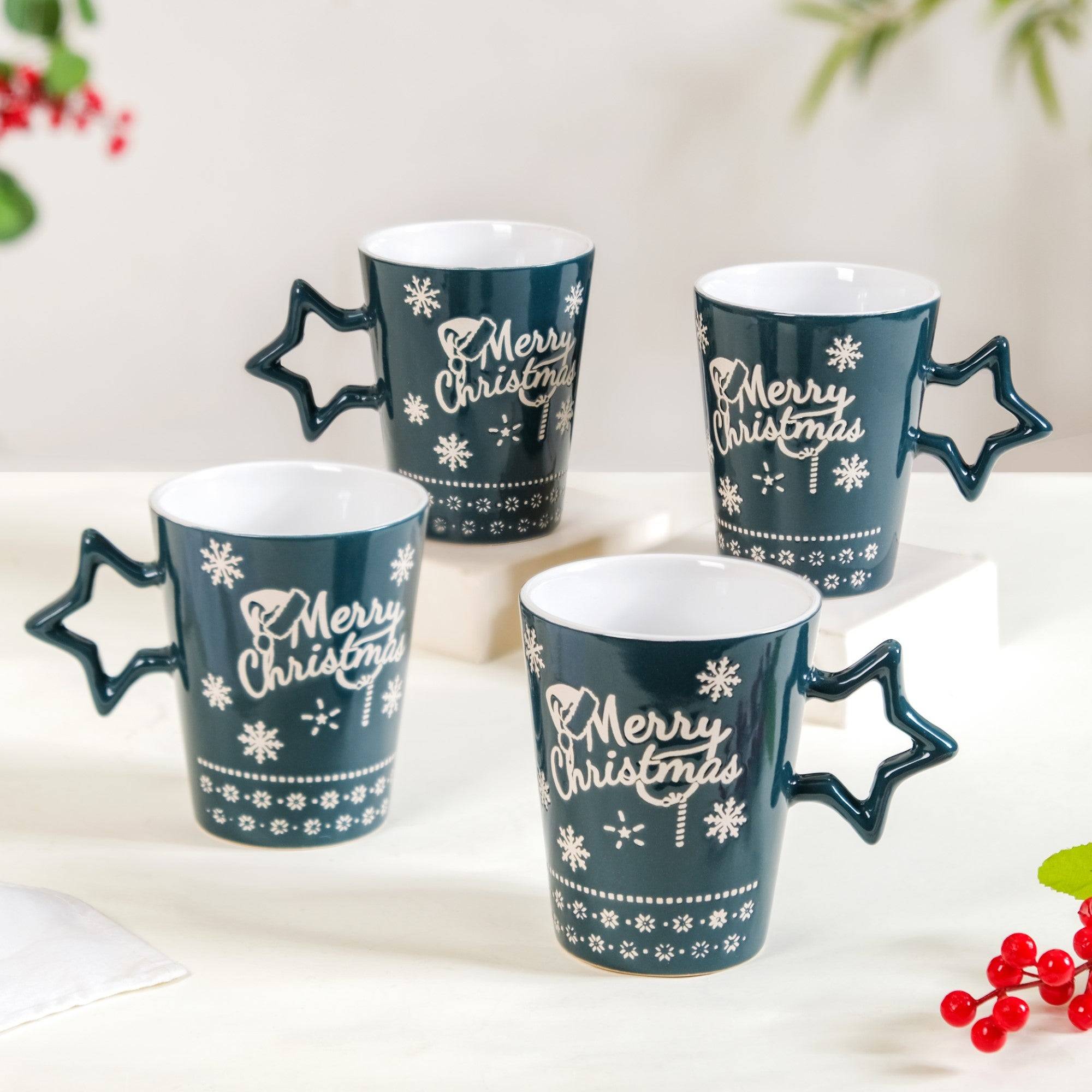 Merry Christmas Set Of 4 Cups With Star Handle Green 300ml buy only at ₹950