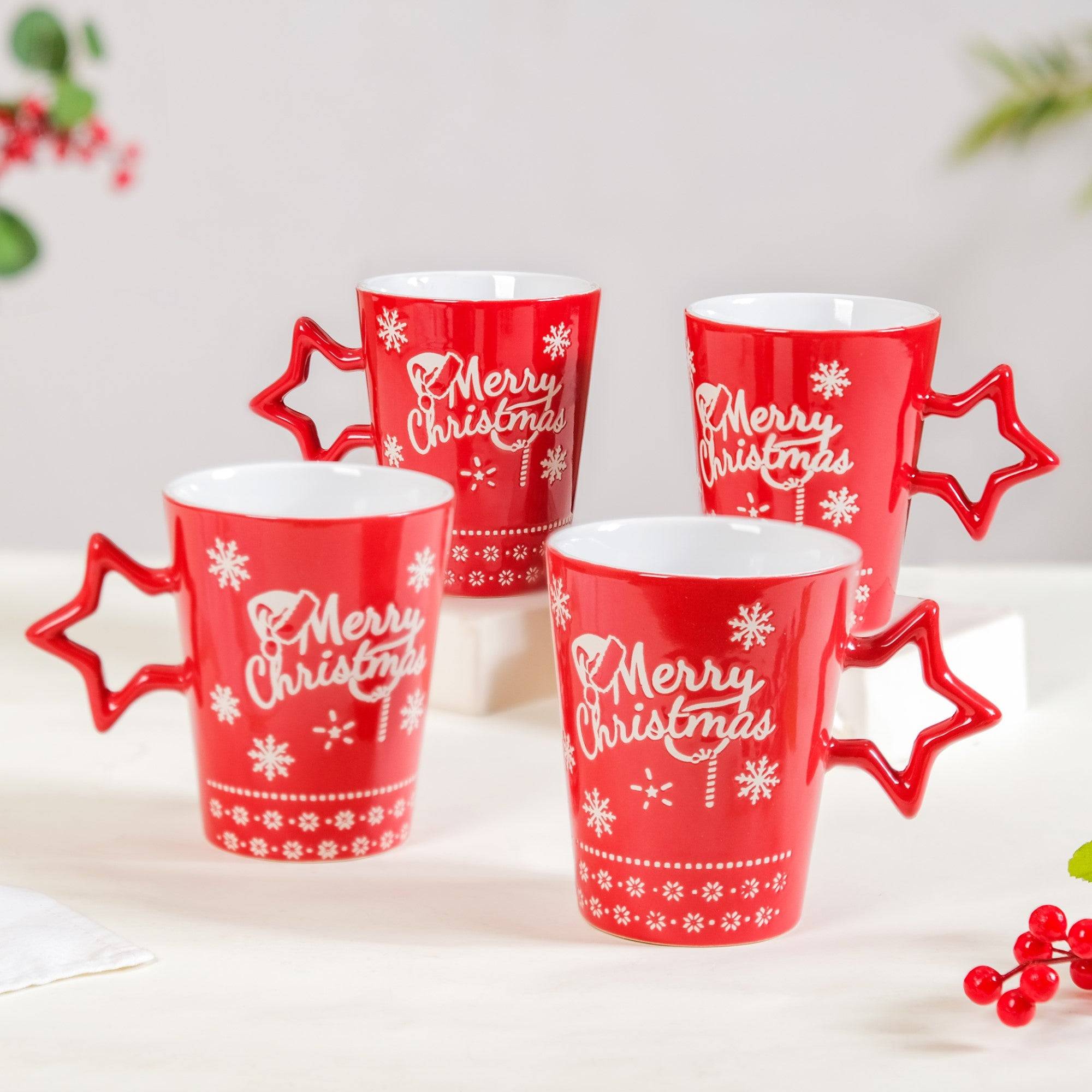 Merry Christmas Set of 4 Cups With Star Handle Red 300ml