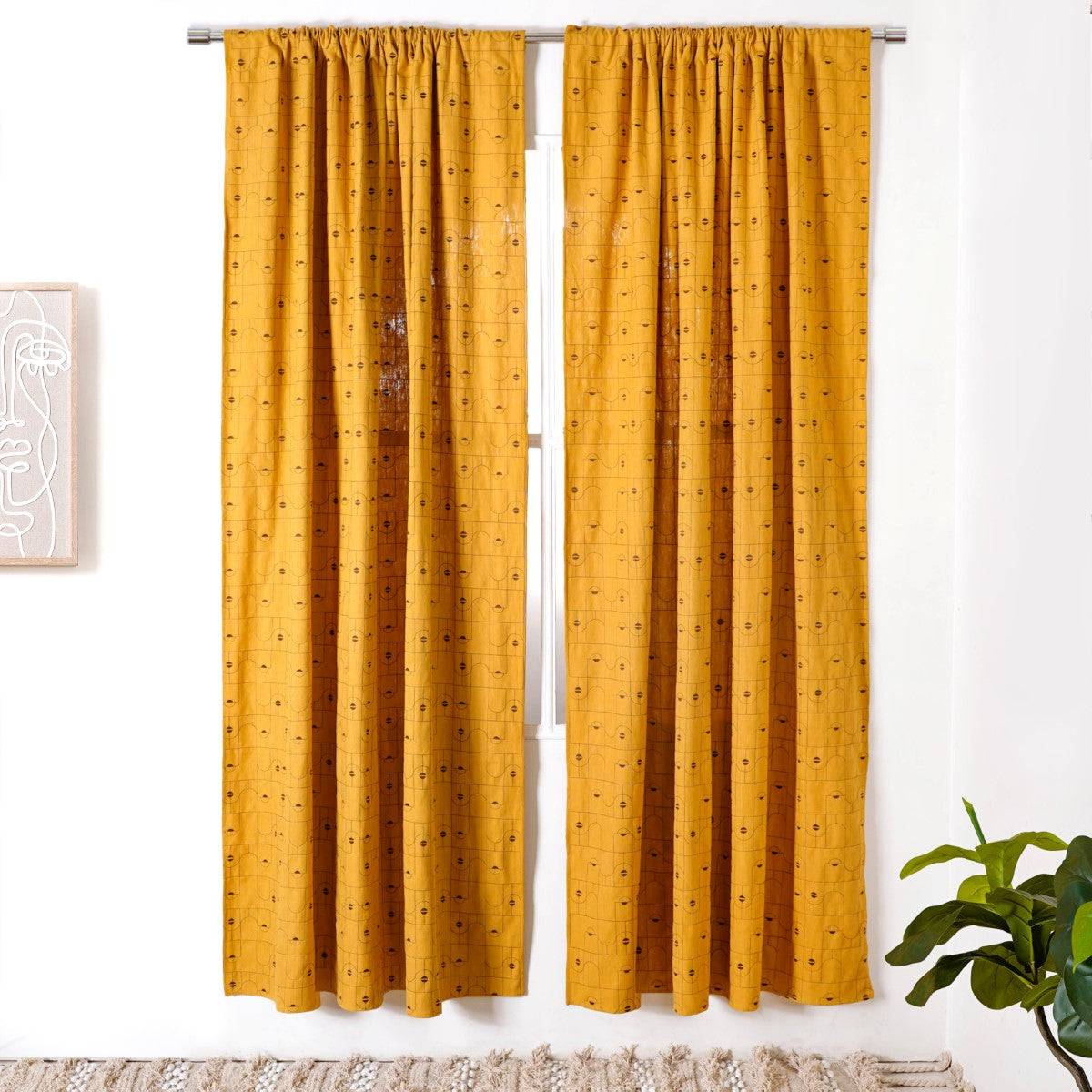 Abstract Embroidered Curtains For Living Room Set Of 2 Mustard 84x54 Inch