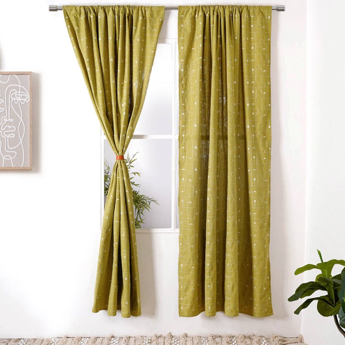 Set Of 2 Olive Green Embroidered Full Length Curtain 84x54 Inch