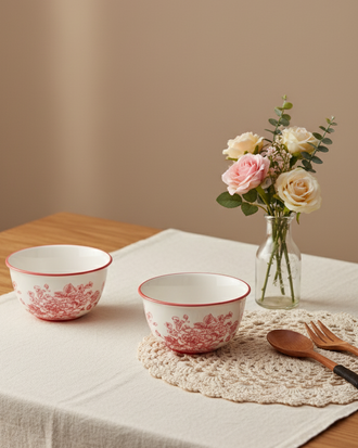 Red Floral Ceramic Katori - Set Of 2