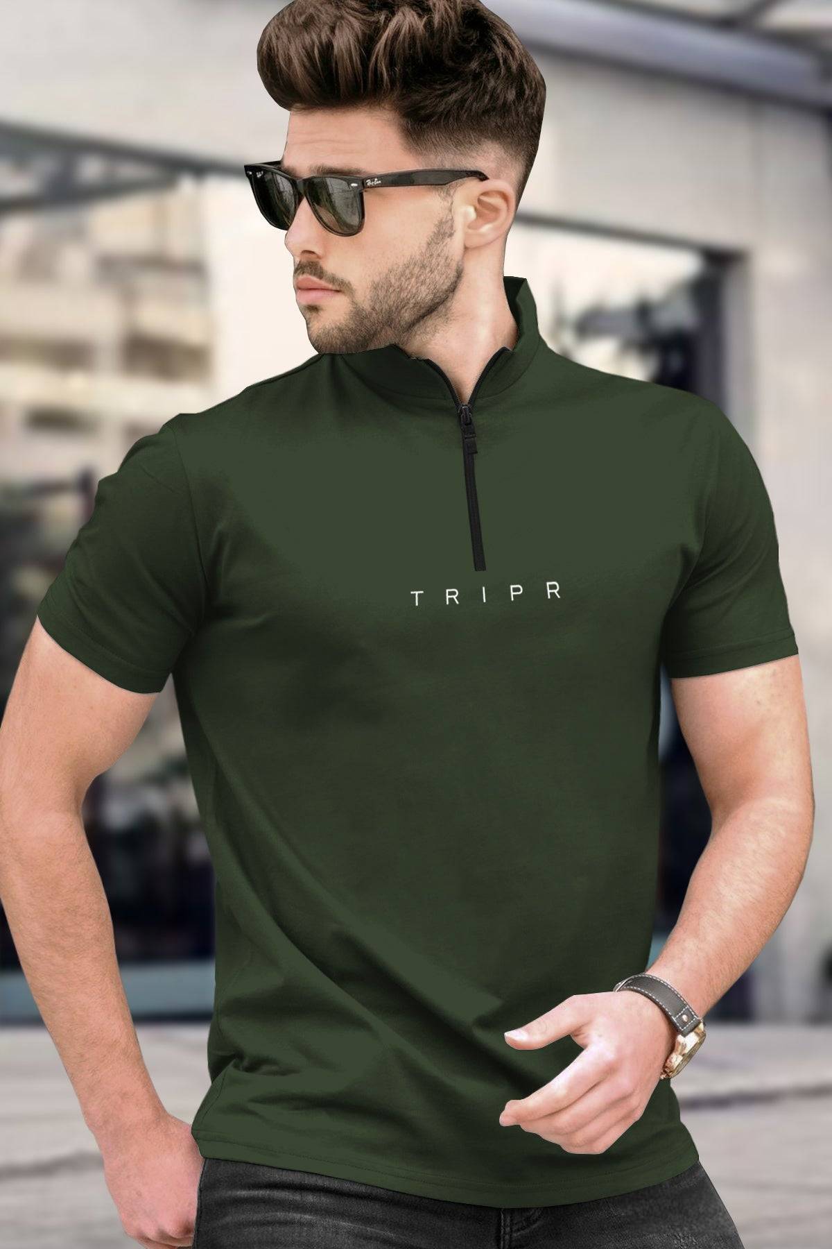 Men High Neck Zipper Half Sleeve T-shirt with 4 Colors