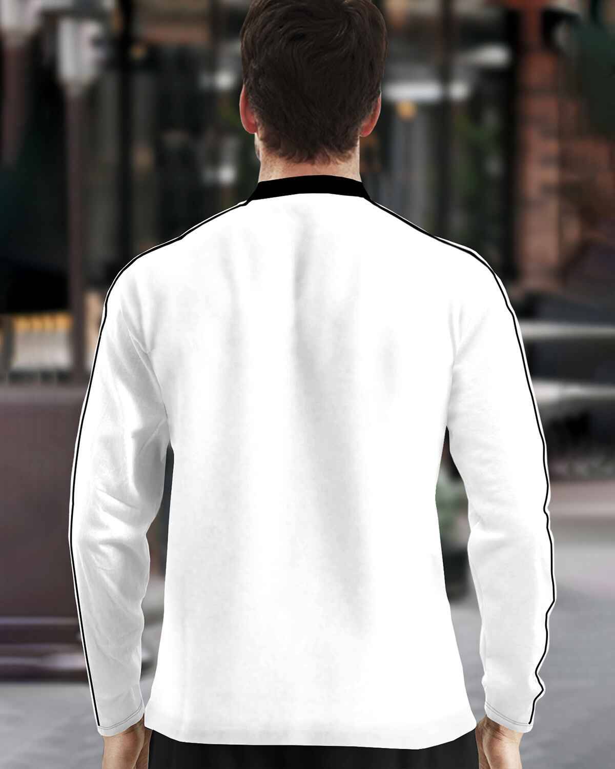 Men Mandarin Collar Cotton Blend White Full Sleeve T-Shirt