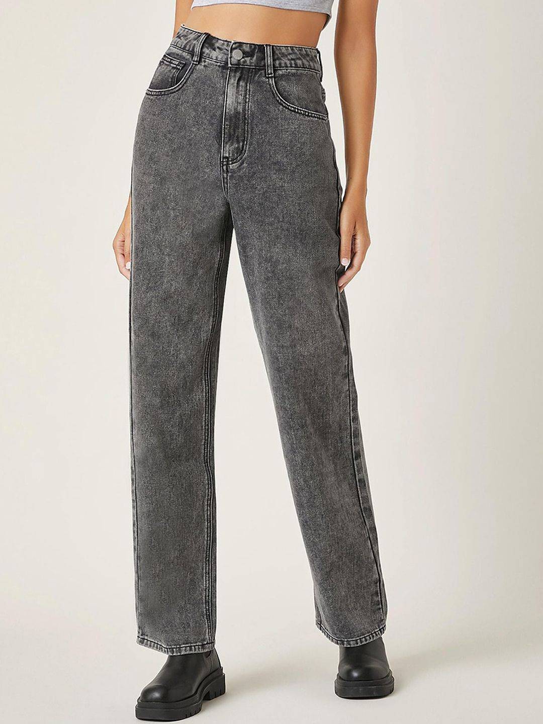 Kotty Women Grey Jean Straight Fit High Rise Clean Look Heavy Fade Stretchable Jeans