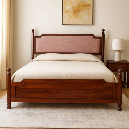 Camille Solid Wood Box Storage Queen Bed in Provincial Teak Finish with Pink Colour