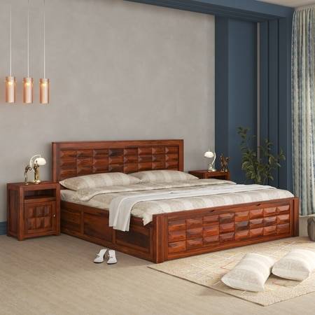 Shashi Solid Wood Queen Size Bed With Box & Front Drawer Storage Bed In Honey Oak Finish