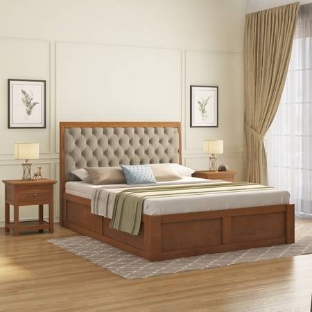 Avon Solid Wood Storage Bed King Size in Amber Walnut Finish with Oyster Beige  Colour