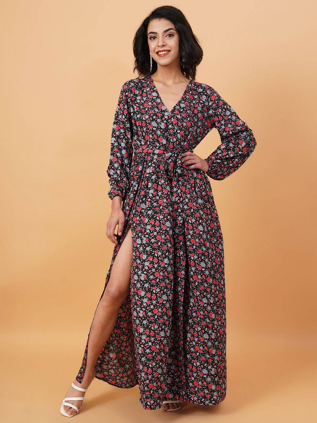 Kotty Black & Red Floral Printed V Neck Puff Sleeves Crepe A Line Maxi Dress
