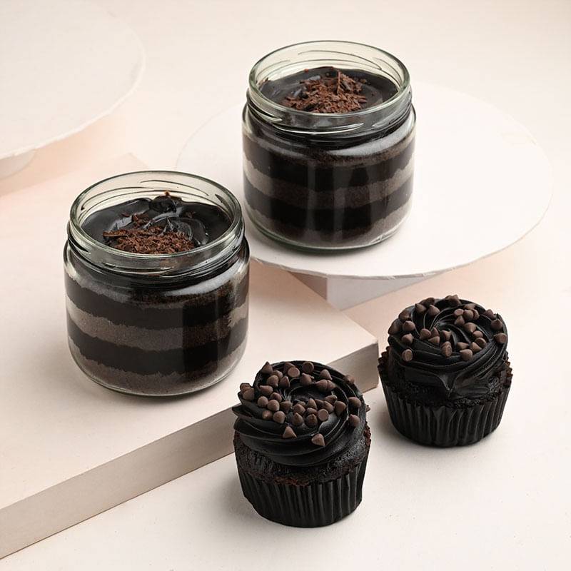 Decadent Duo Of Choco Cupcakes N Jar Cakes