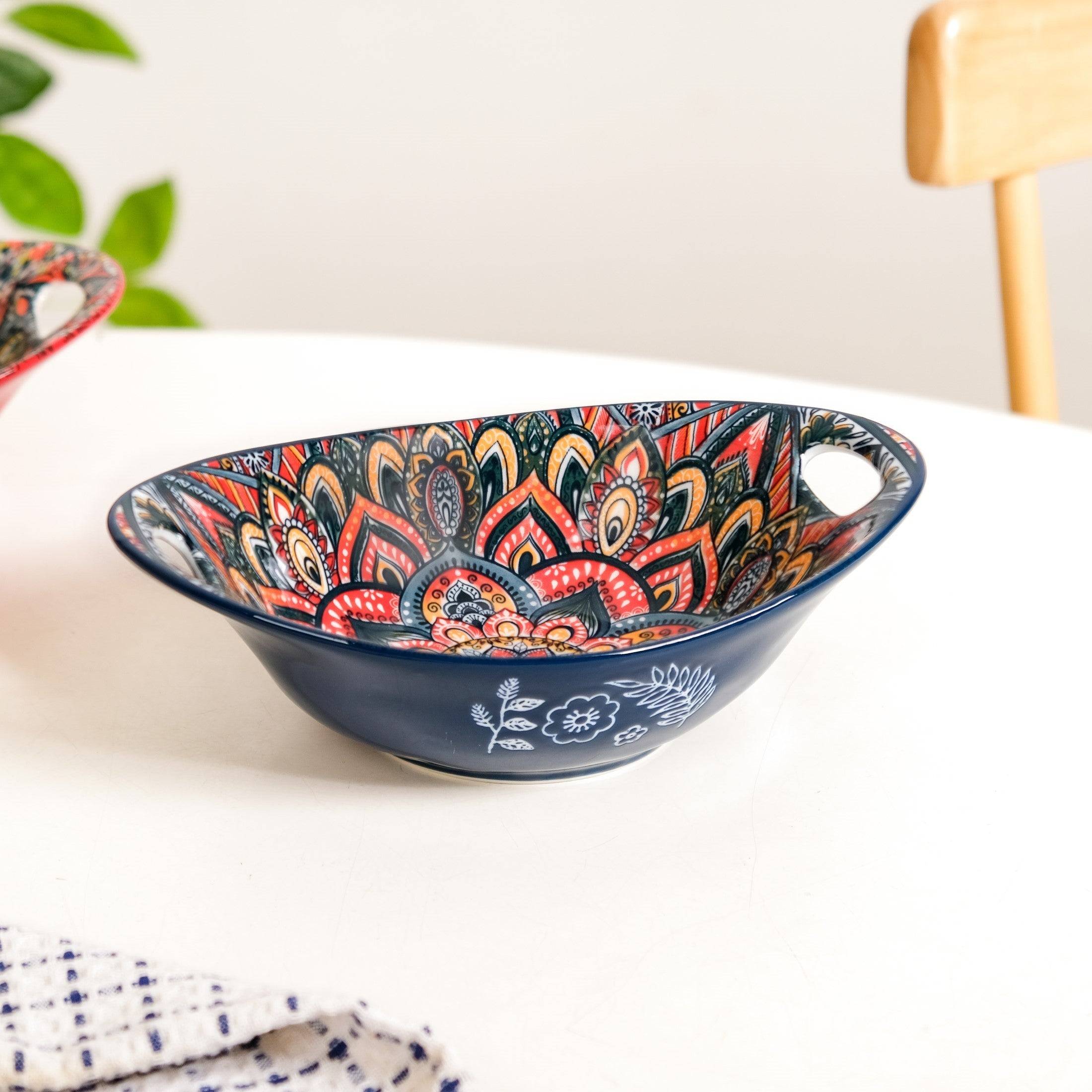 Mandala Melange Ceramic Long Dish With Handles Blue 400ml