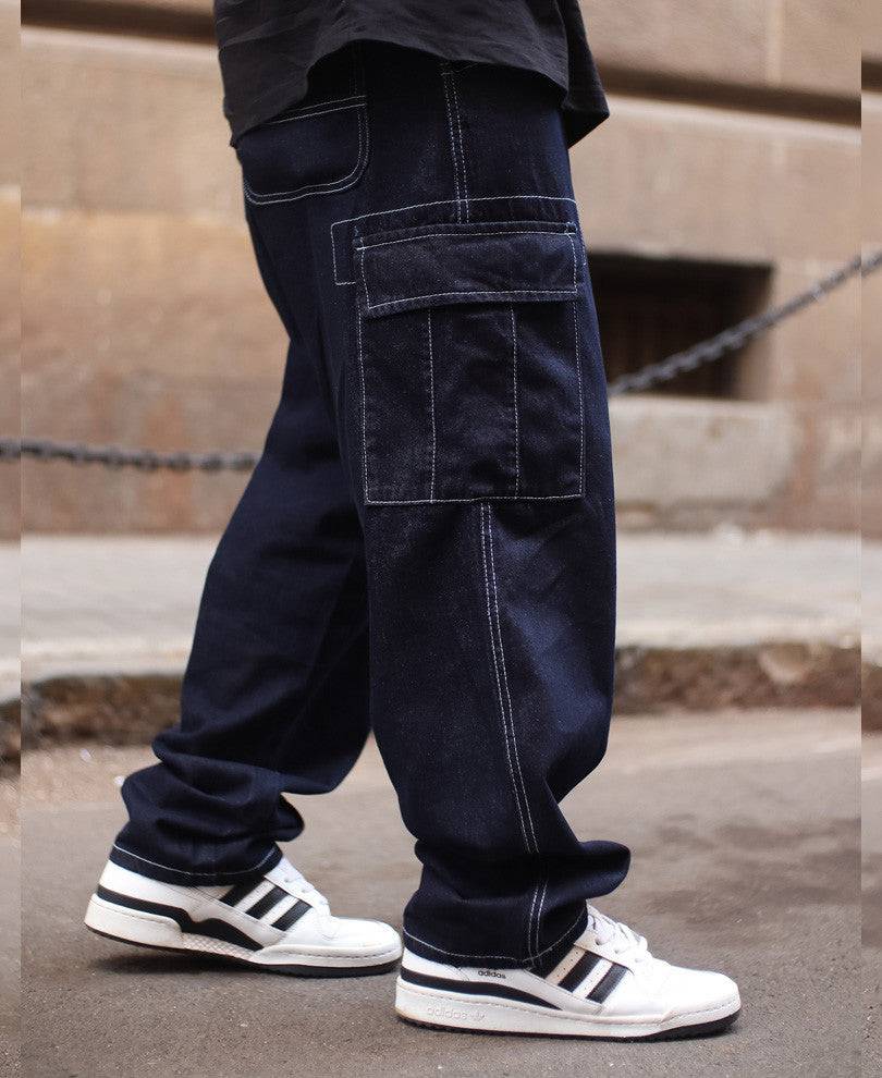 Dark Blue Contrast Stitch Carpenter Baggy Fit Jeans Buy @ ₹599