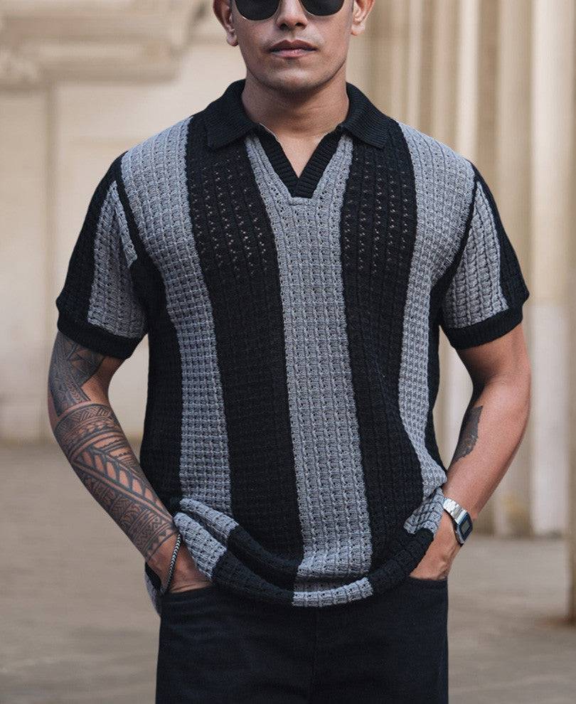 Black and Grey Crochet Striped Reglular Half Sleeves T Shirt Buy @ ₹699