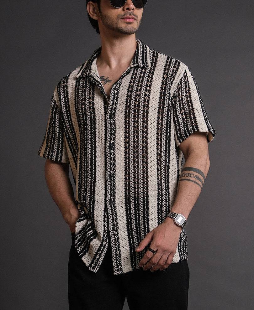 Black and White Crochet Knit Striped Half Sleeves Shirt Buy @ ₹999