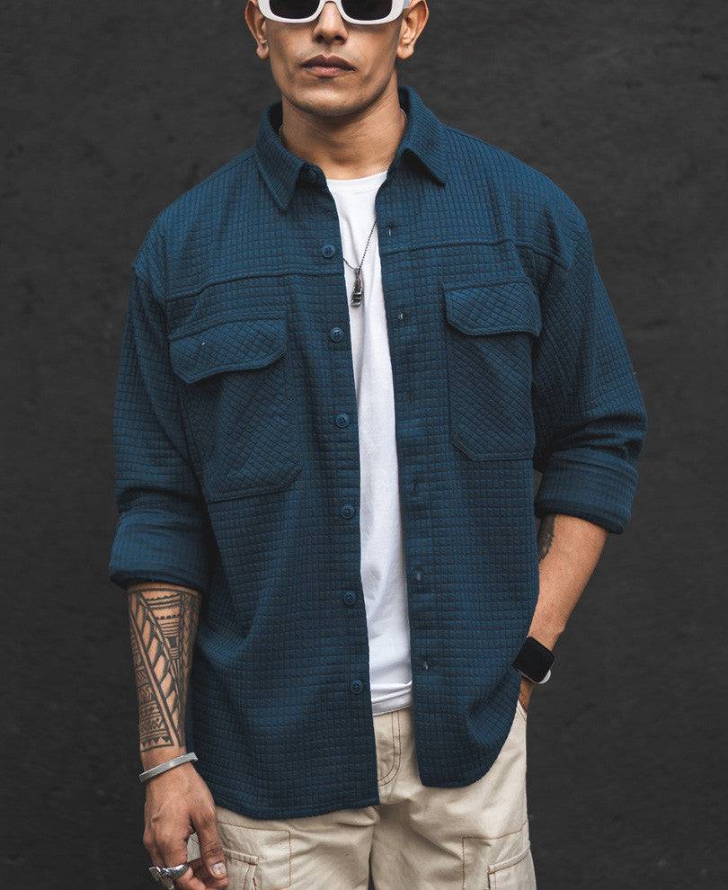 Teal Blue Structured Knit Shacket Oversized Shirt Buy @ ₹1199