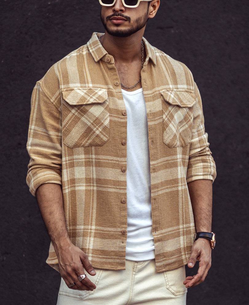 Beige and White Checks Oversize Drop Shoulder Shirt Buy @ ₹999