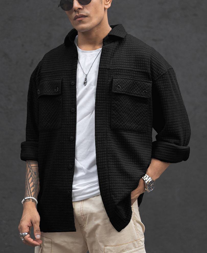 Black Structured Knit Full Sleeves Oversized Shirt Buy @ ₹999
