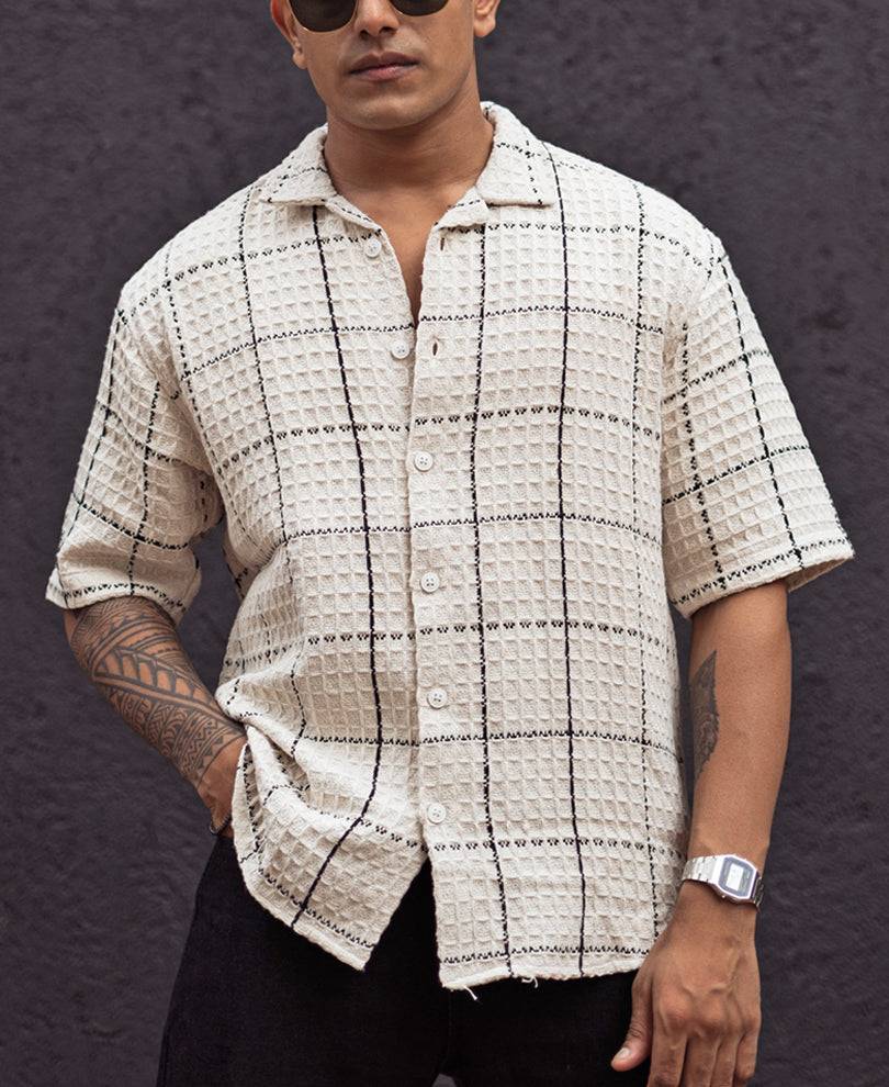 Off White and Black Structured Checks Oversized Shirt Buy @ ₹499