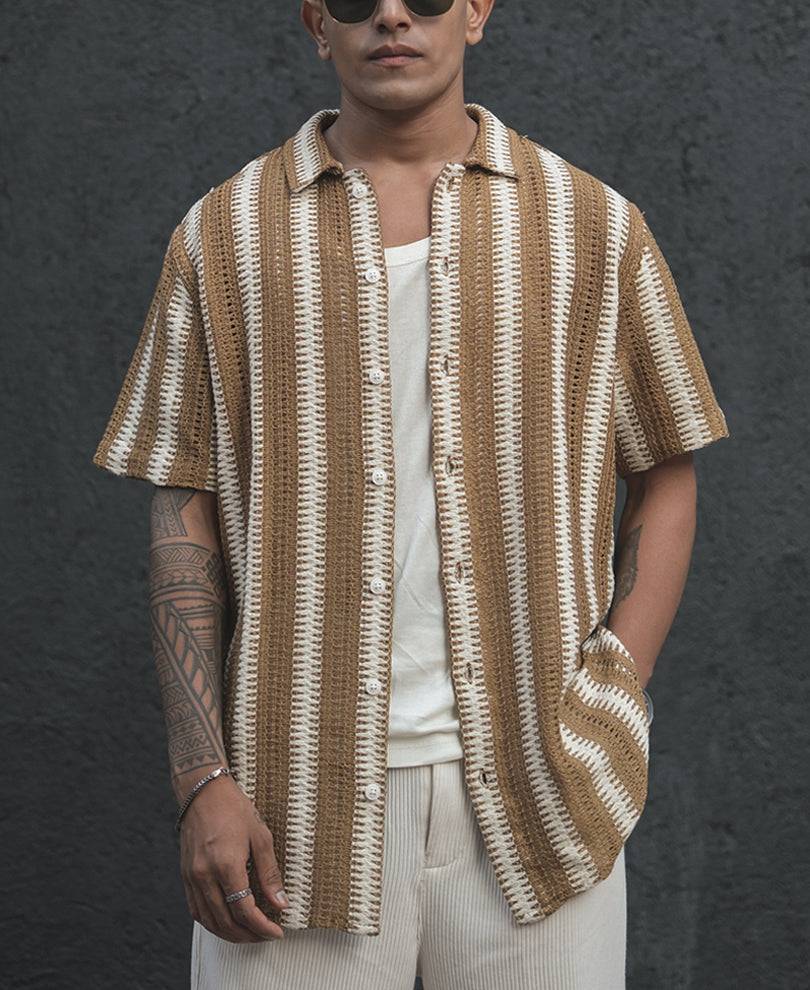 Beige and White Crochet Striped Half Sleeves Shirt Buy @ ₹499