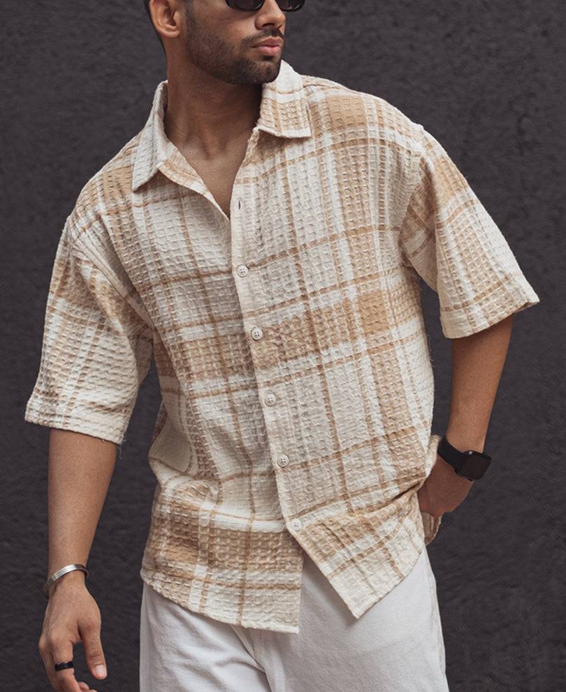Beige and Off White Waffle Oversized Checks Half Sleeves Shirt Buy @ ₹499