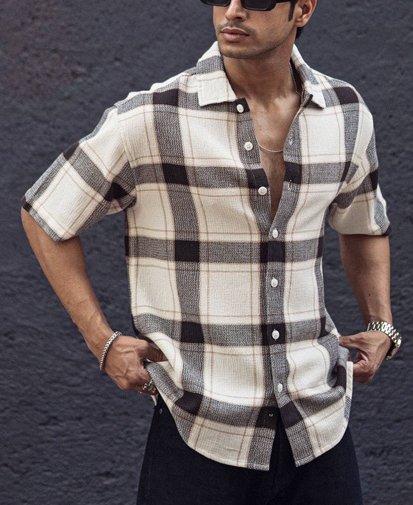 Off White and Brown Structured Oversized Checked Shirt Buy @ ₹999