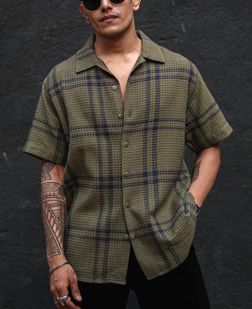 Olive Green Structured Checks Half Sleeves Shirt Buy @ ₹399