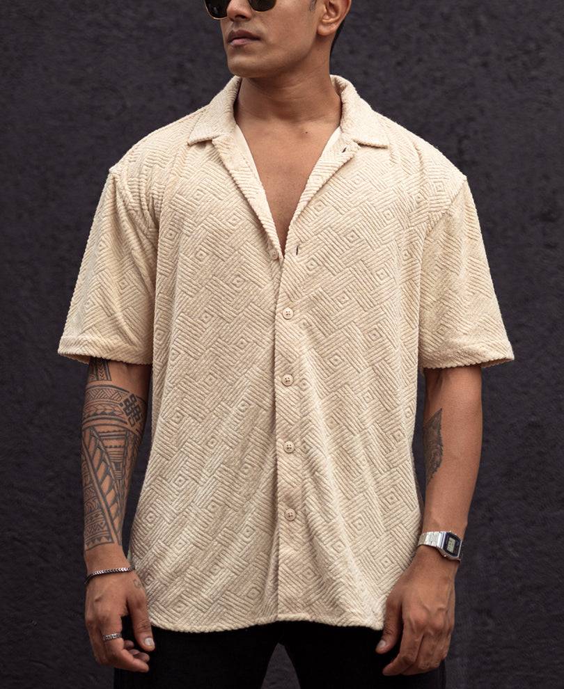 Cream Structured Jacquard Oversized Half Sleeves Shirt Buy @ ₹499
