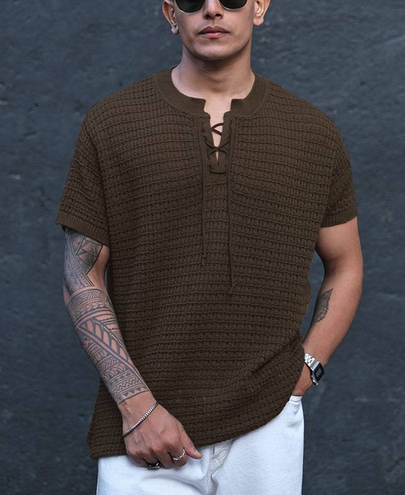 Coffee Brown Crochet Regular Half Sleeves T Shirt Buy @ ₹999