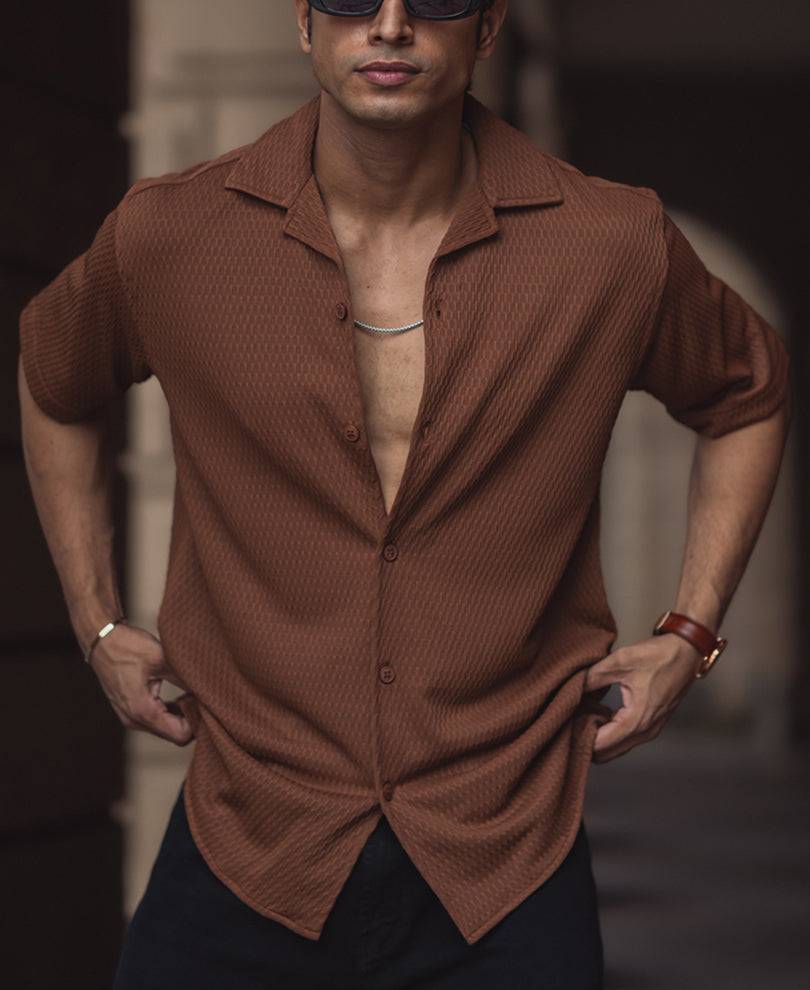 Brown Structured Plain Regular Fit Half Sleeve Cuban Collar Shirt Buy @ ₹899